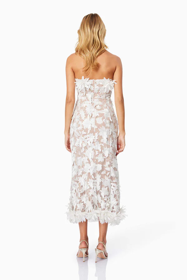 AIIZIE 3D FLOWER EMBROIDERY STRAPLESS MIDI DRESS IN BEIGE - product image