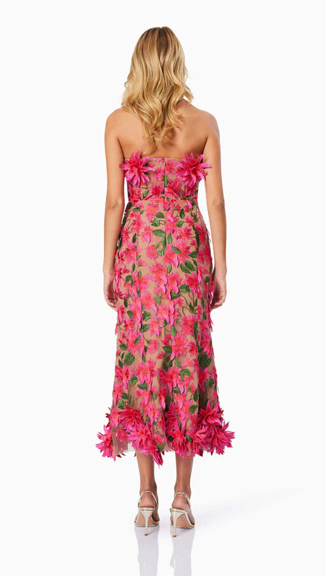 3D FLOWER EMBROIDERY STRAPLESS MIDI DRESS IN ROSE RED
