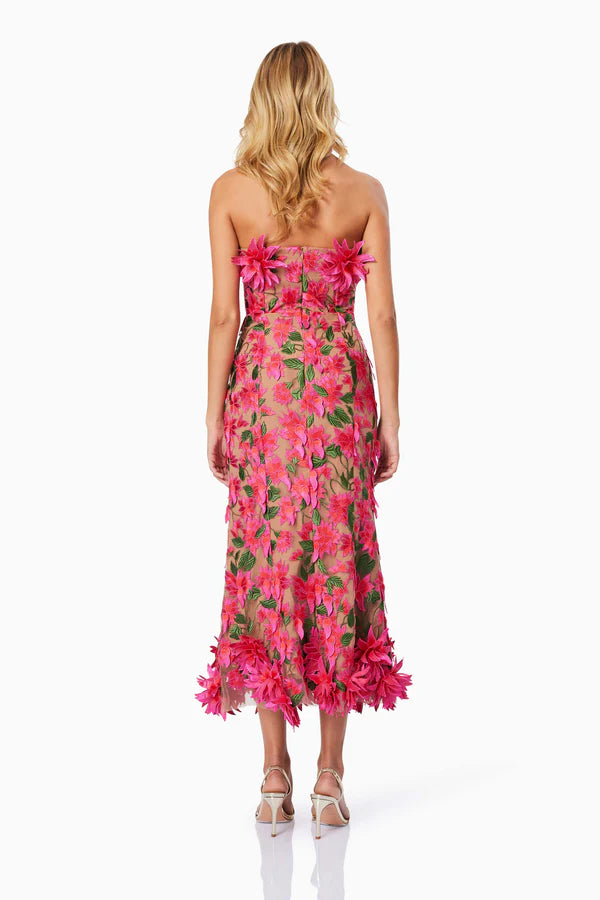 AIIZIE 3D FLOWER EMBROIDERY STRAPLESS MIDI DRESS IN ROSE RED - product image