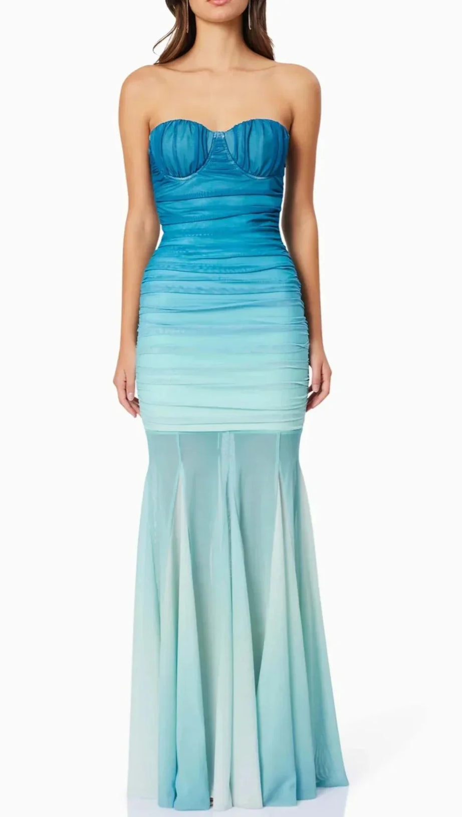 GRADIENT MESH SPLICING BODYCON STRAPLESS MAXI DRESS IN BLUE