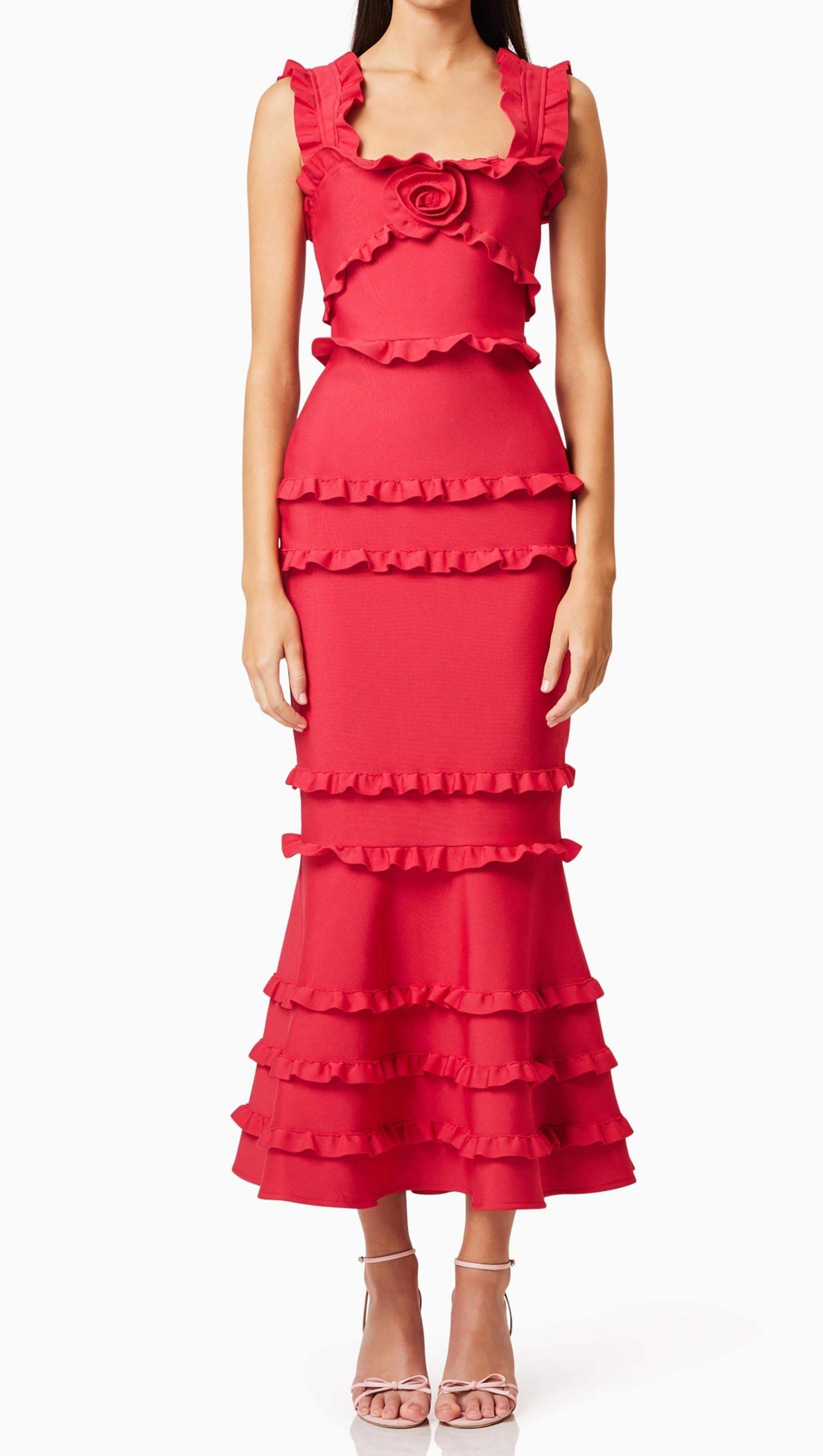 AIIZIE JOSEPHINE FRILL MAXI DRESS IN RED - product image