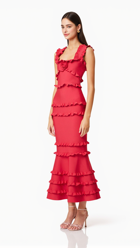 Josephine – Maxikleid mit Rüschen in Rot