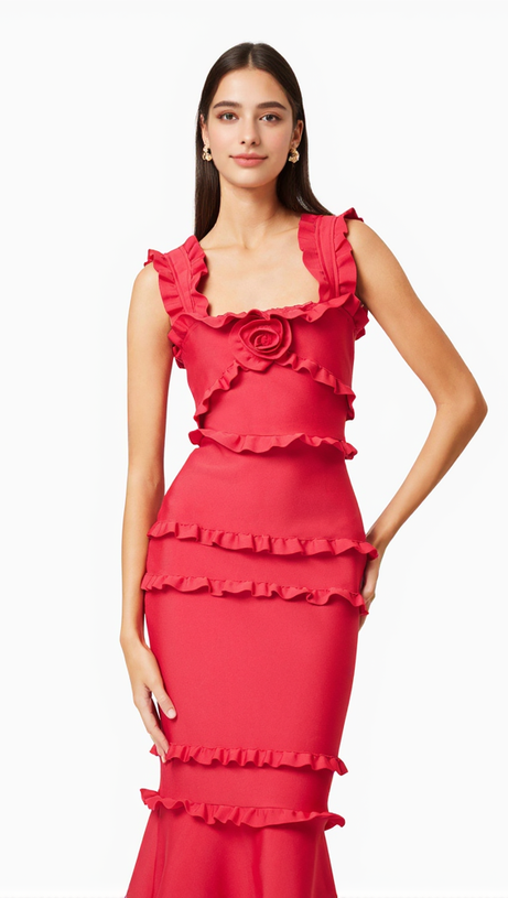 Josephine – Maxikleid mit Rüschen in Rot