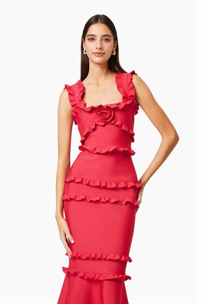 AIIZIE JOSEPHINE FRILL MAXI DRESS IN RED - product image