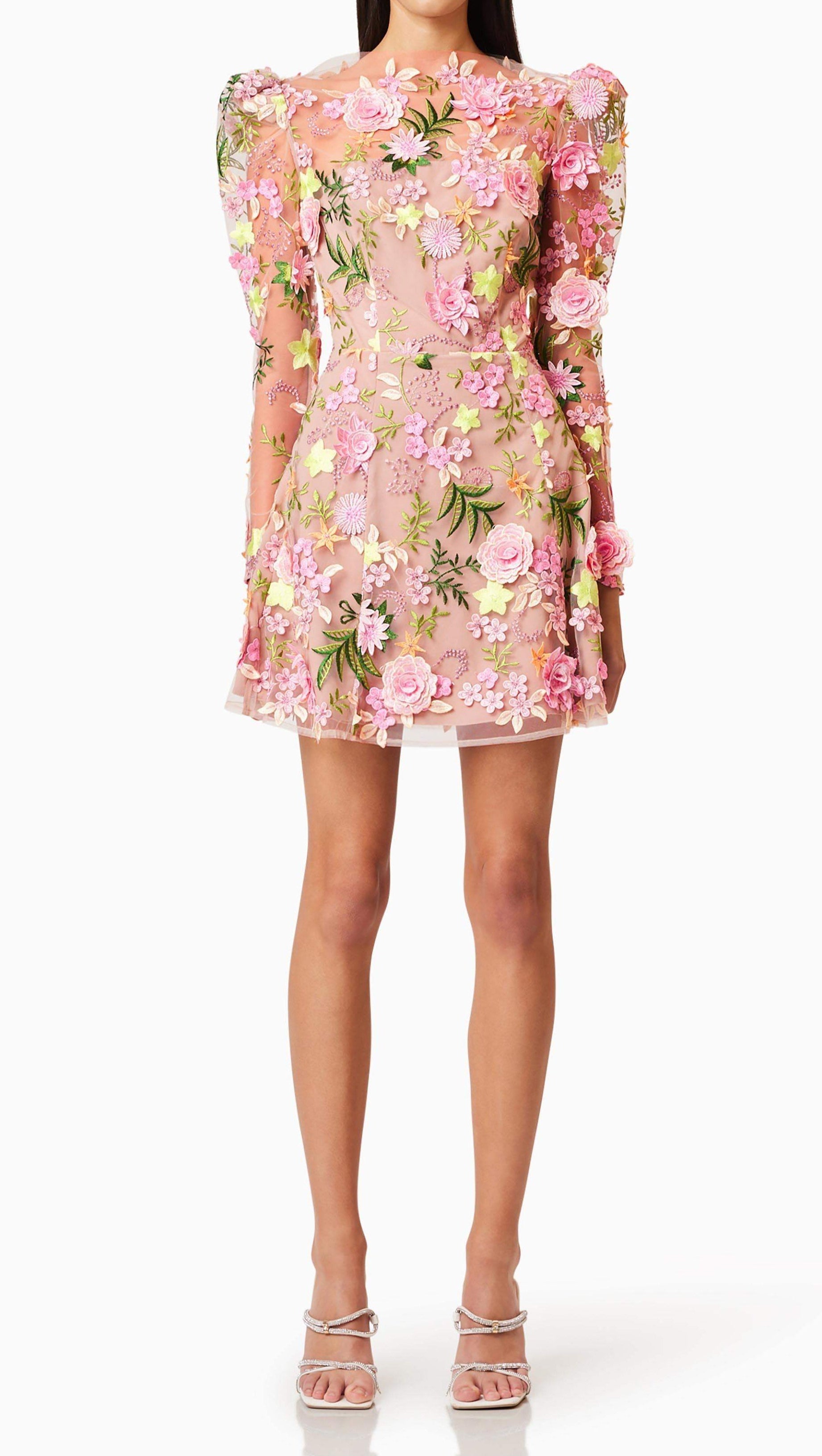 CAITLIN A-LINE FLORAL LONG SLEEVE MINI DRESS IN PINK