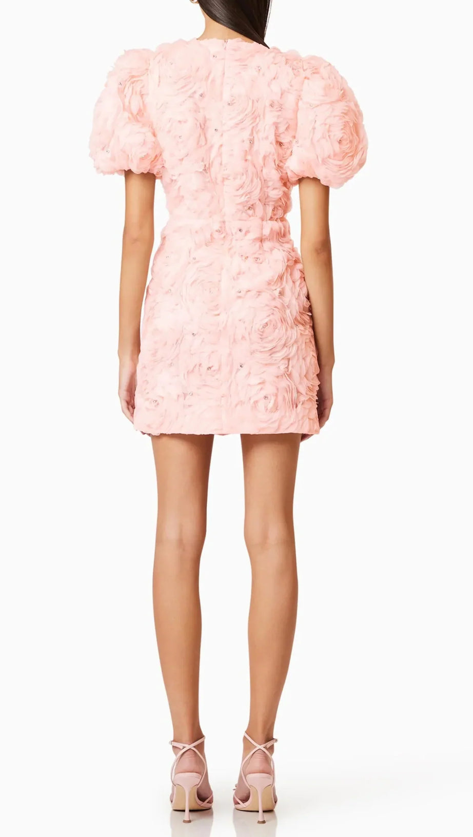 V-NECK FLOWER EMBELLISHED PUFF MINI DRESS IN BALLET PINK