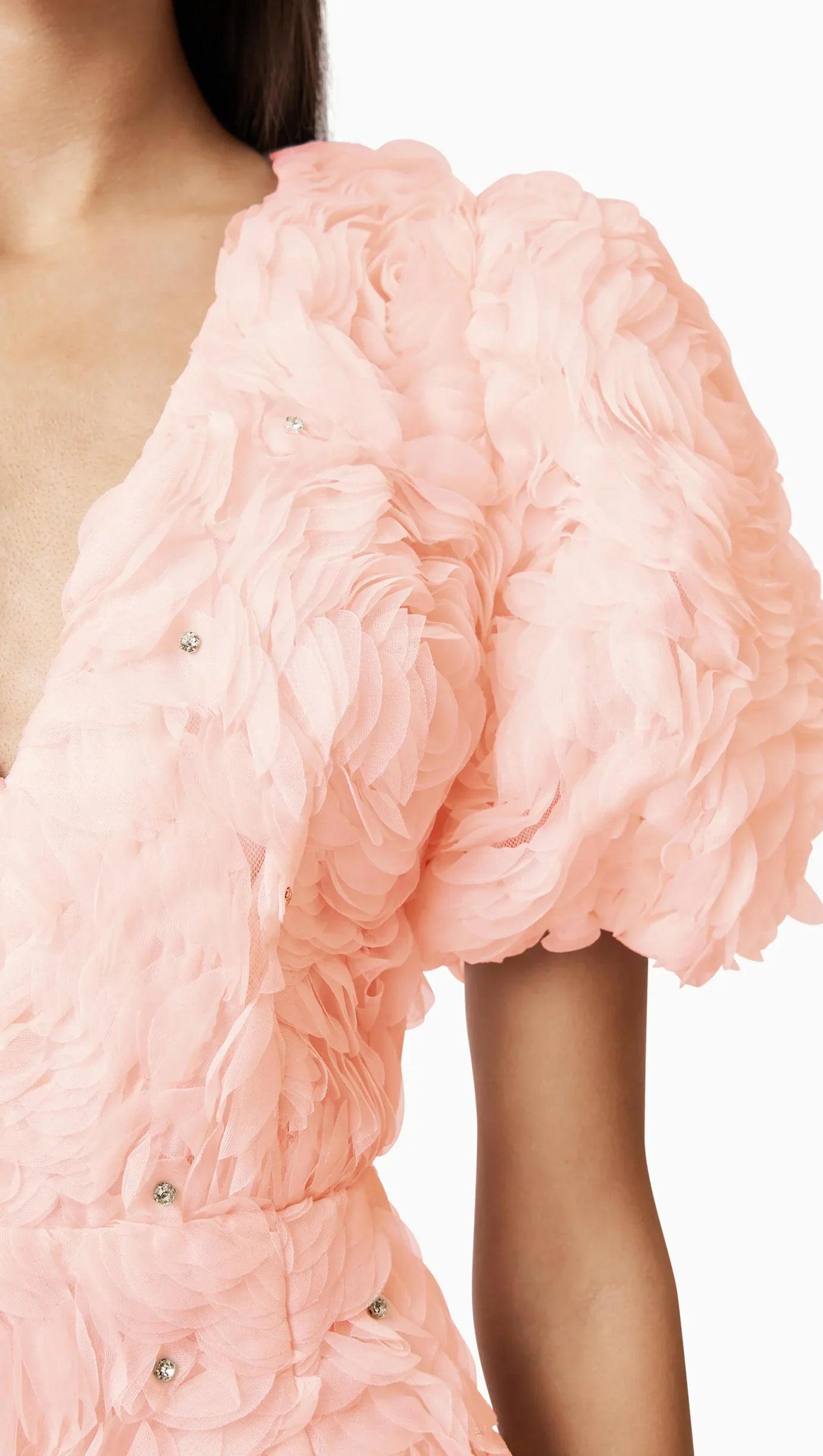 V-NECK FLOWER EMBELLISHED PUFF MINI DRESS IN BALLET PINK