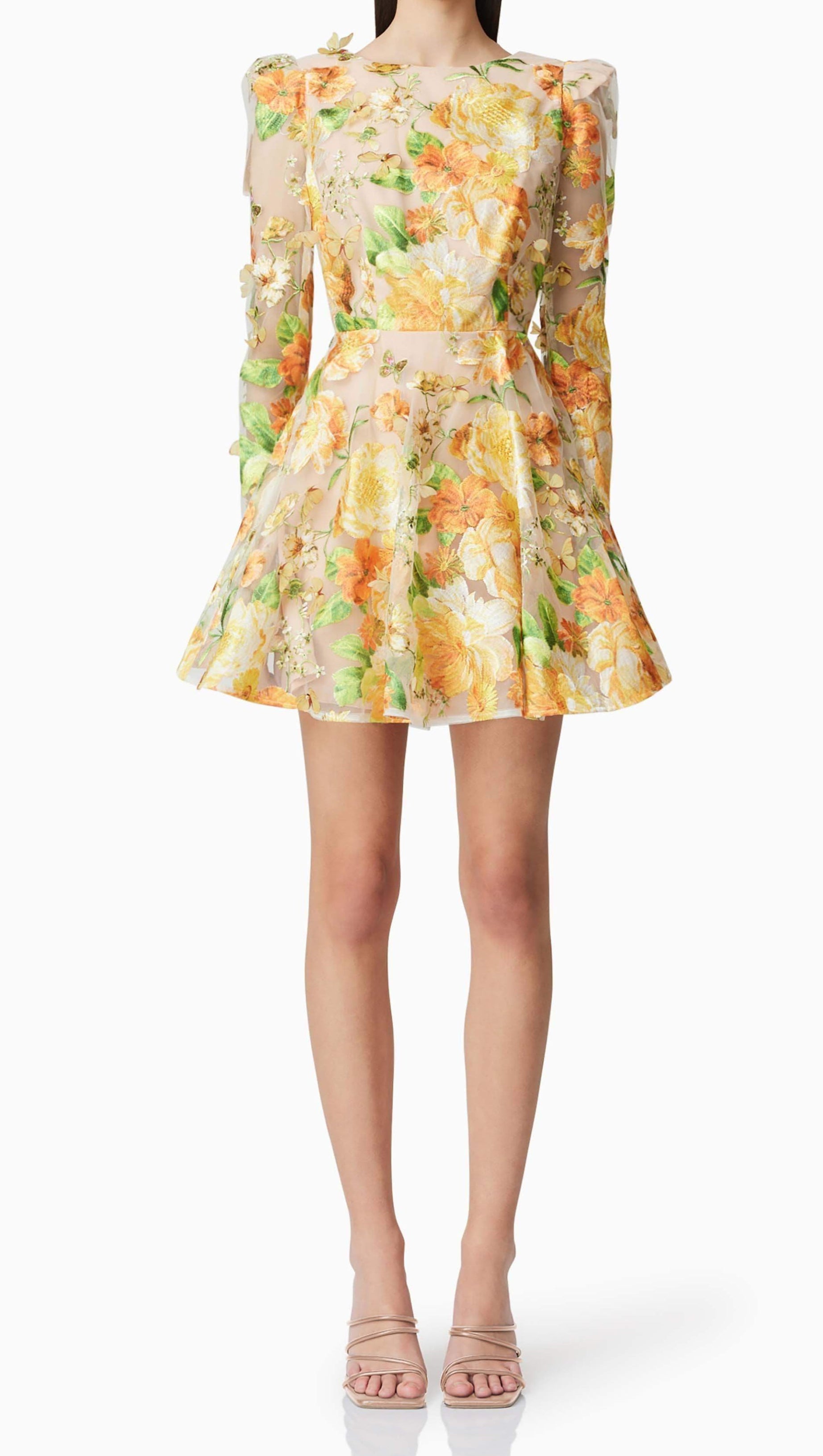 AELLA A-LINE FLORAL EMBROIDERY MINI DRESS IN YELLOW