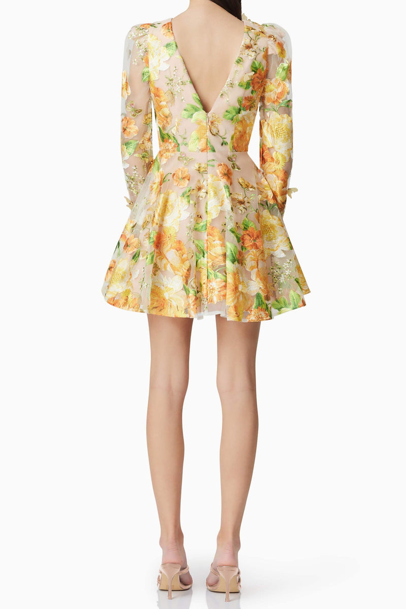 Aella A-Line floral embroidery Mini Dress in Yellow