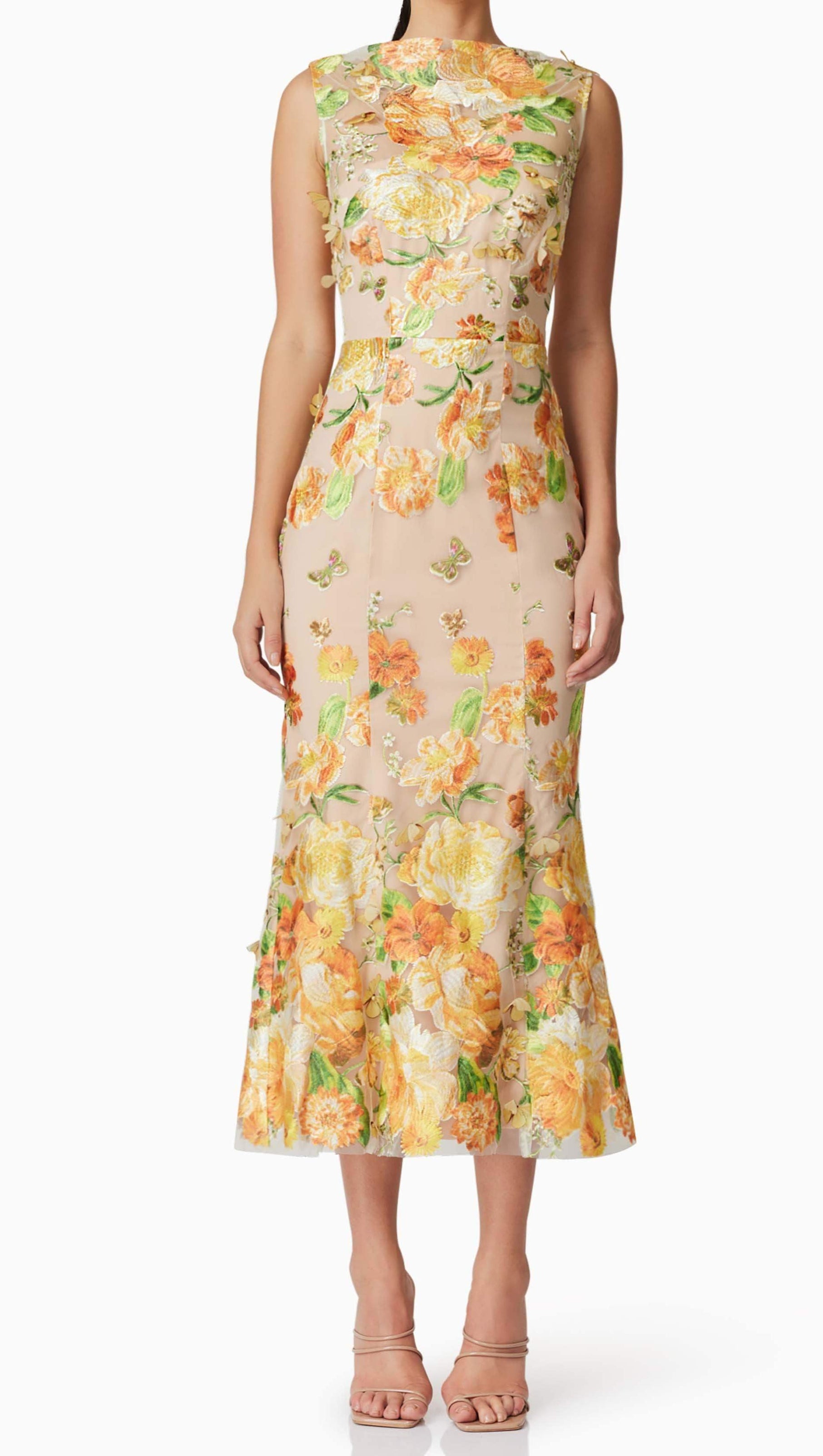 ABITO MIDI ELSIE CON RICAMI FLOREALI 3D IN GIALLO