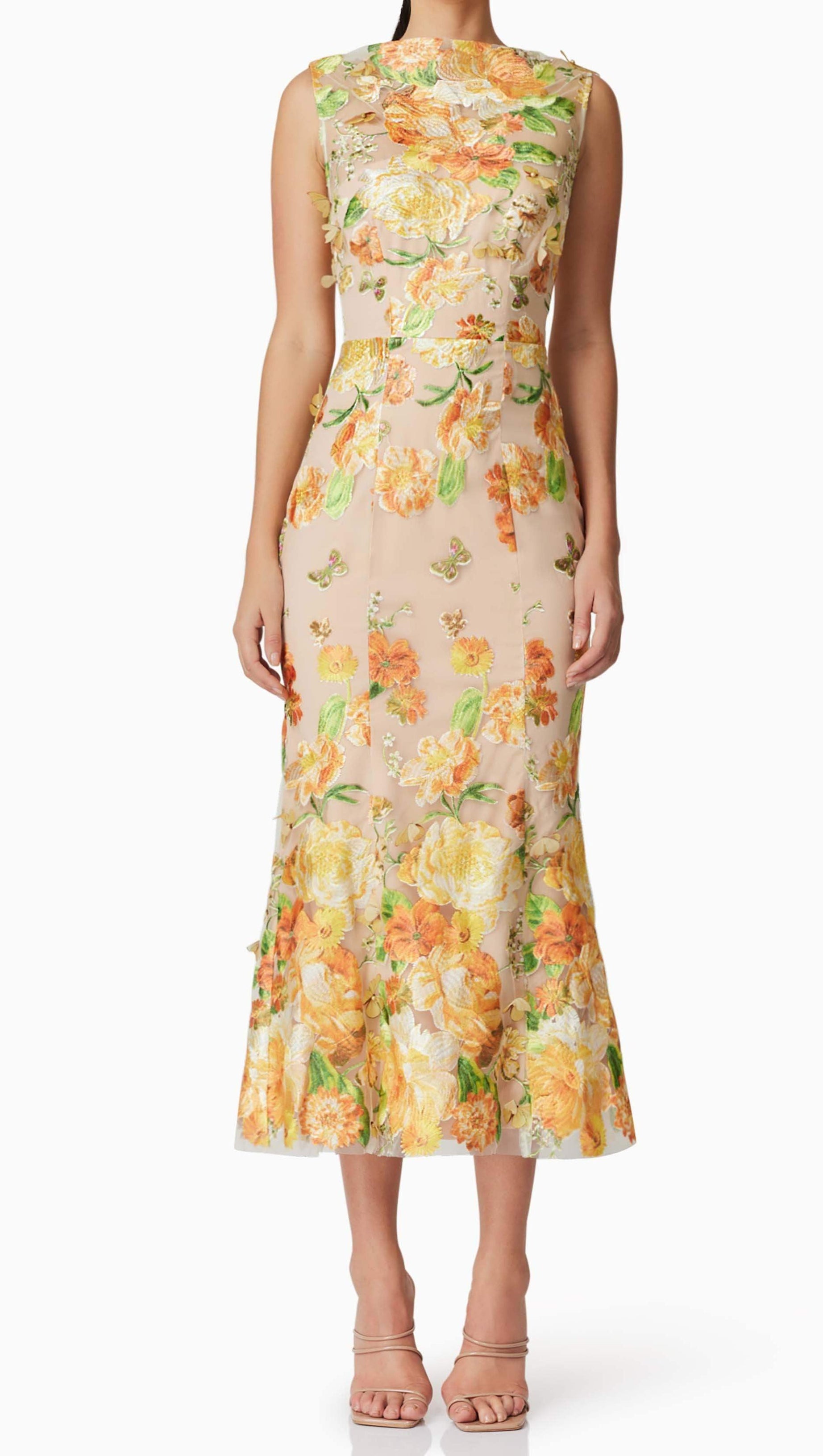 ELSIE 3D FLORAL EMBROIDERED MIDI DRESS IN YELLOW
