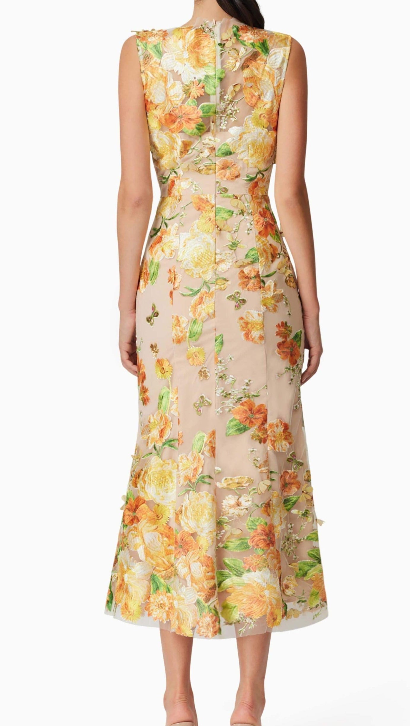 ELSIE 3D FLORAL EMBROIDERED MIDI DRESS IN YELLOW