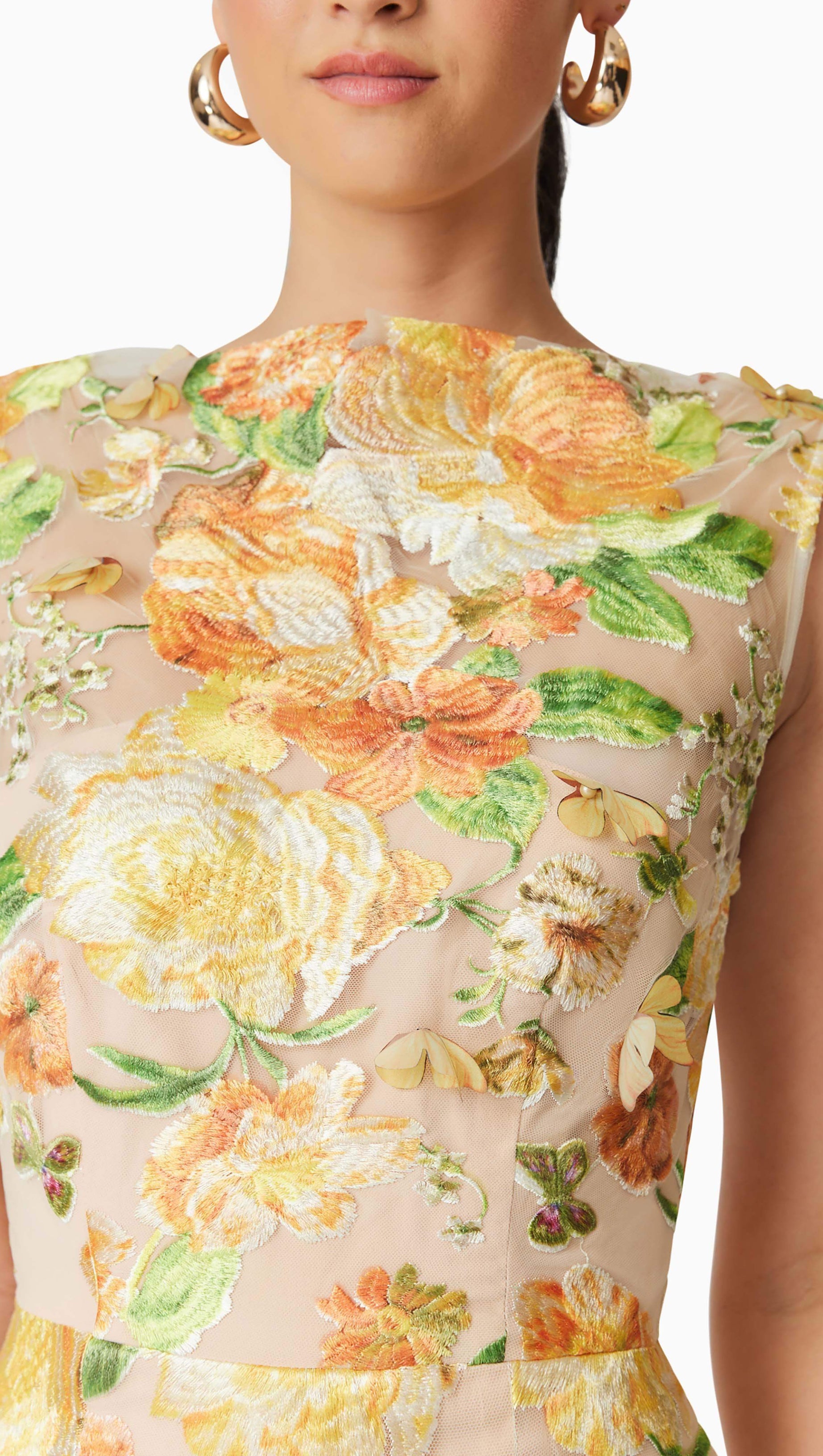 ELSIE 3D FLORAL EMBROIDERED MIDI DRESS IN YELLOW