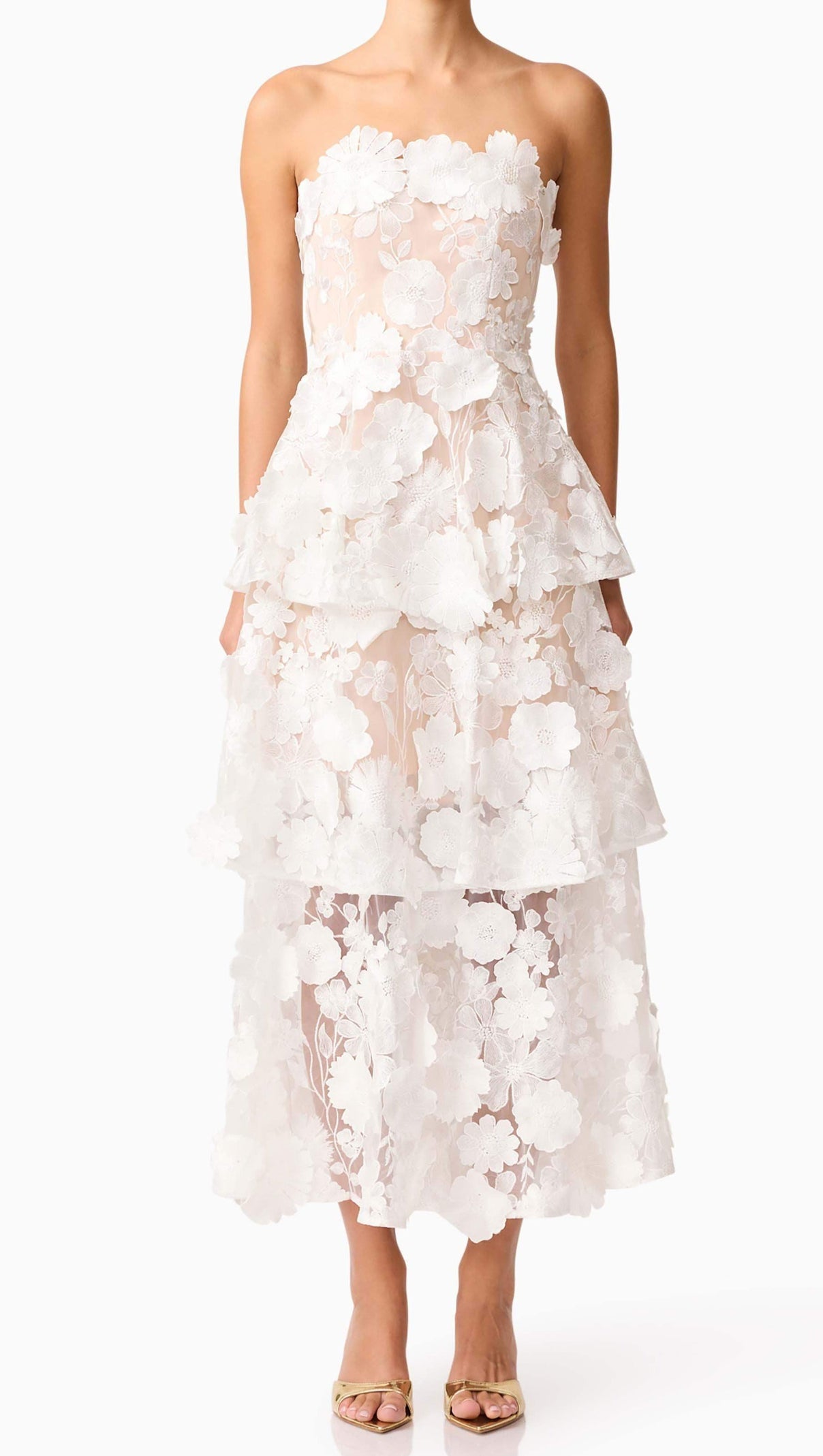 AIIZIE SELENE 3D FLOWER TIERED MAXI DRESS IN WHITE - product image