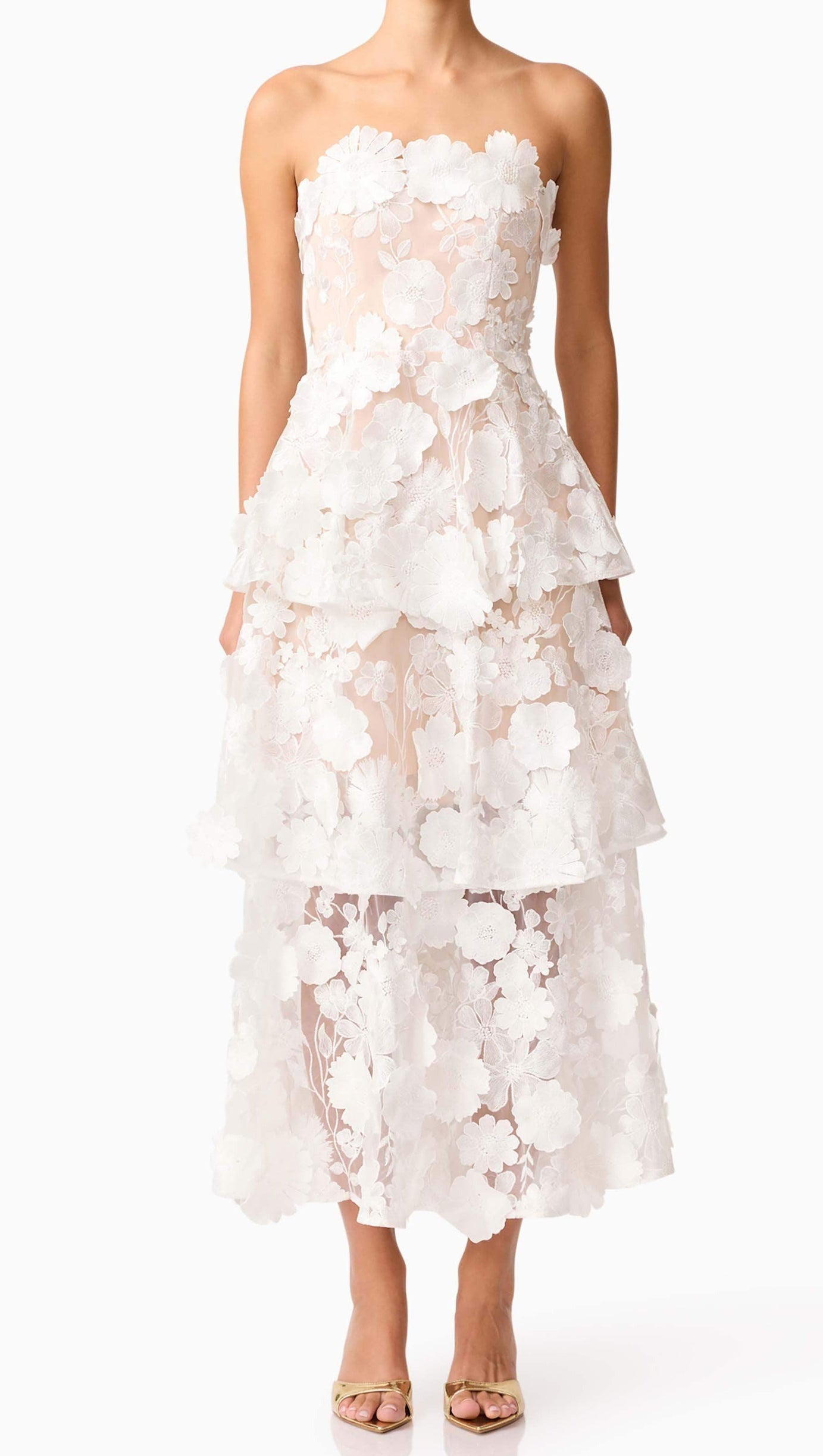 SELENE 3D FLOWER TIERED MAXI DRESS IN WHITE