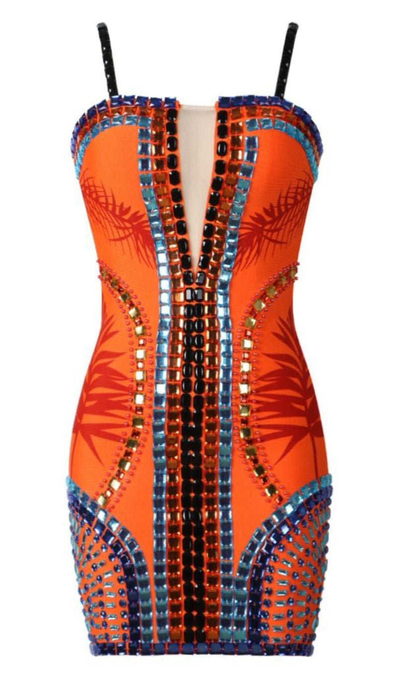 EMBELLISHMENT BANDAGE DRESS IN ORANGE