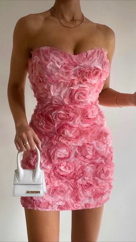 BEVERLY FLORAL EMBELLISHED MINI DRESS IN PINK