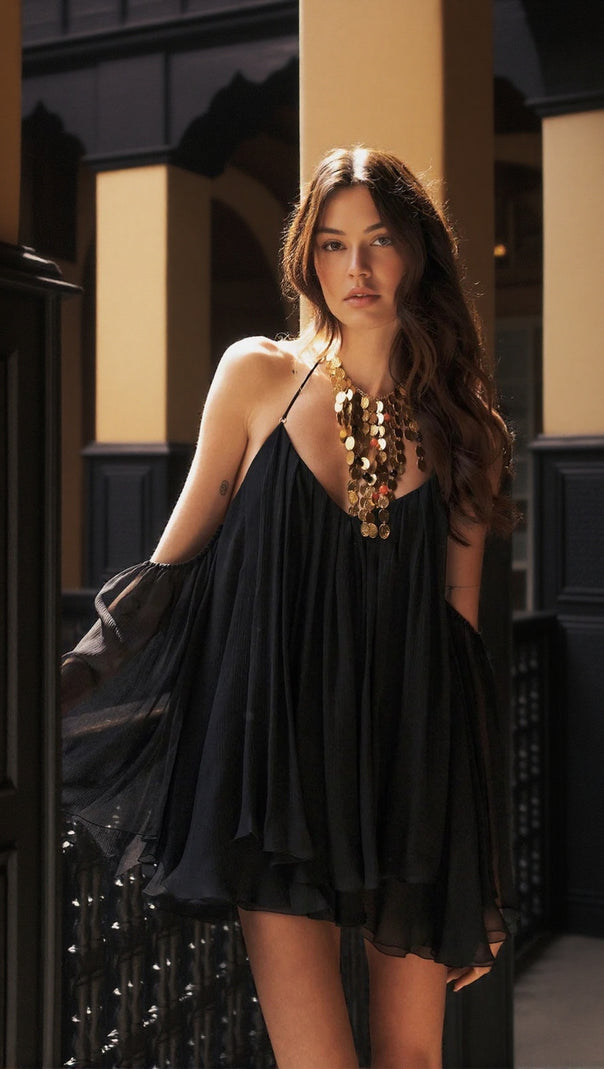 AIIZIE ERICA HALTER NECK LACE-UP BACKLESS MINI DRESS - BLACK - product image