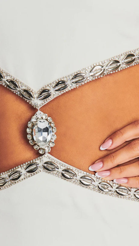 BASIA CUT OUT CRYSTAL EMBELLISHED HALTER MINI DRESS IN WHITE