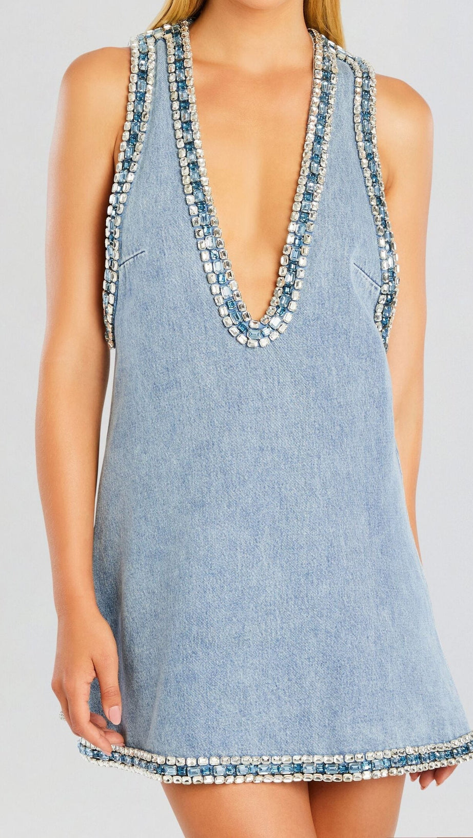 STEVIE CRYSTAL EMBELLISHED DENIM MINI DRESS IN PALE BLUE