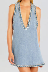 Stevie crystal Embellished Denim mini Dress in pale blue
