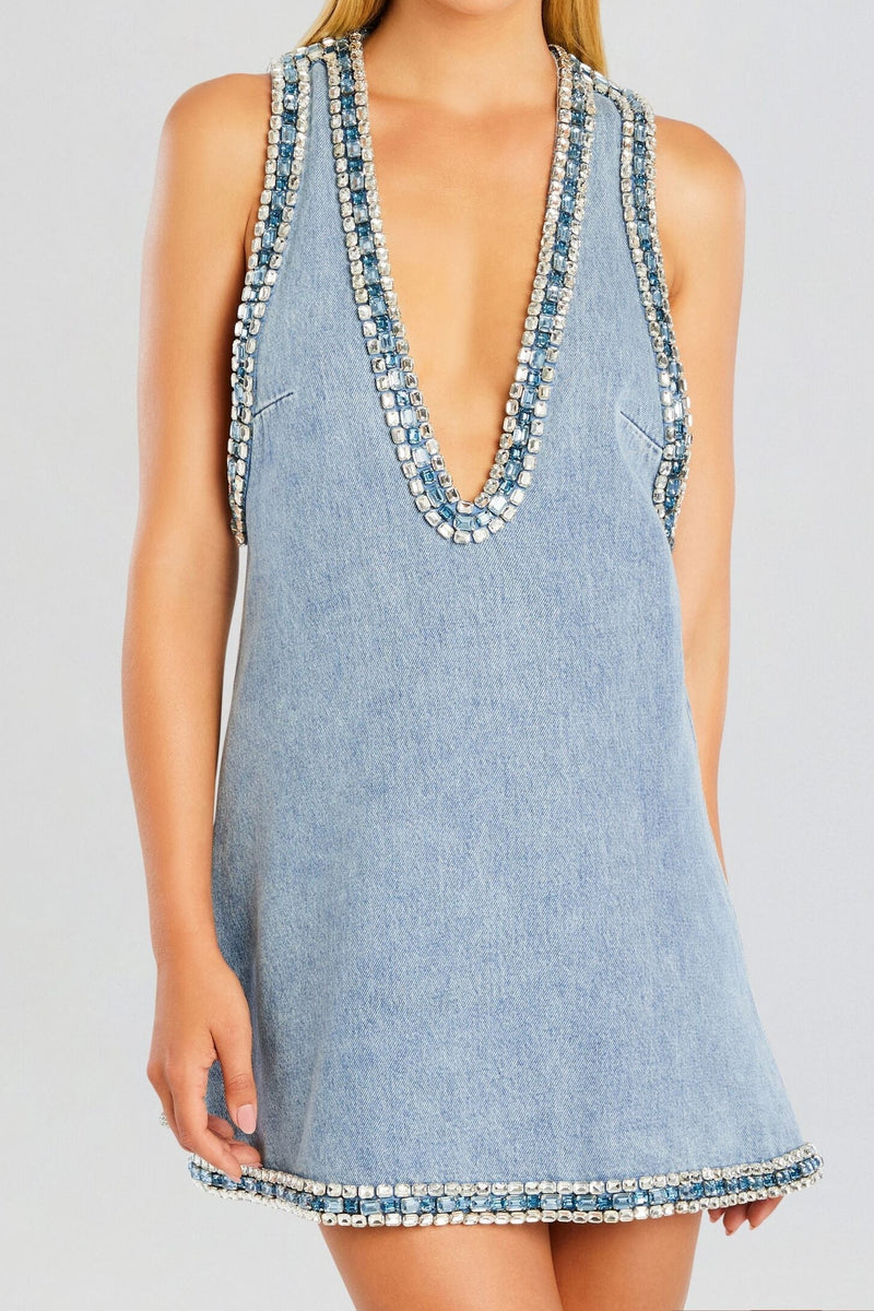 Stevie crystal Embellished Denim mini Dress in pale blue