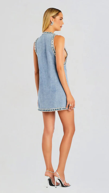 STEVIE CRYSTAL EMBELLISHED DENIM MINI DRESS IN PALE BLUE