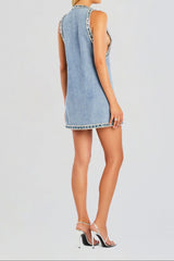 Stevie crystal Embellished Denim mini Dress in pale blue