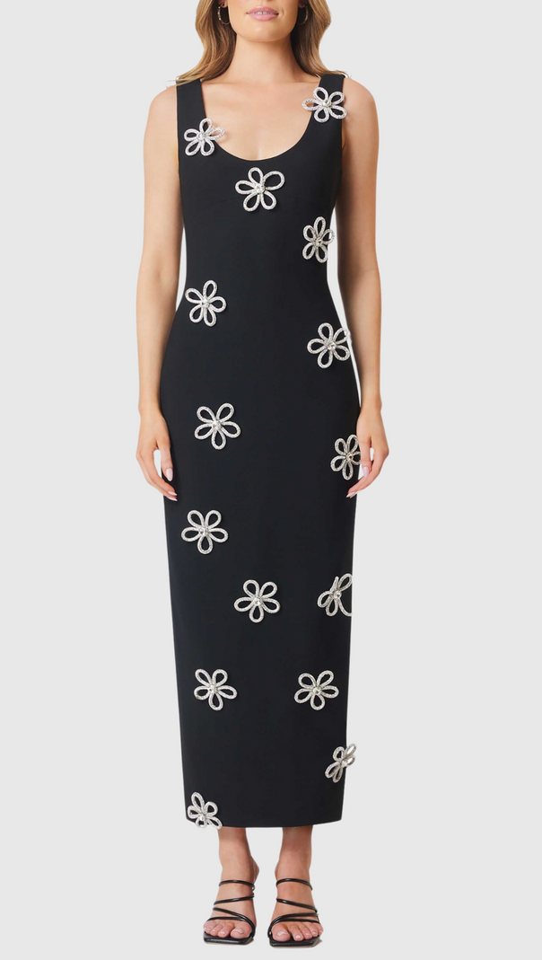 AIIZIE EDMARK FLOWER CRYSTAL EMBELLISHED MIDI BANDAGE DRESS - product image