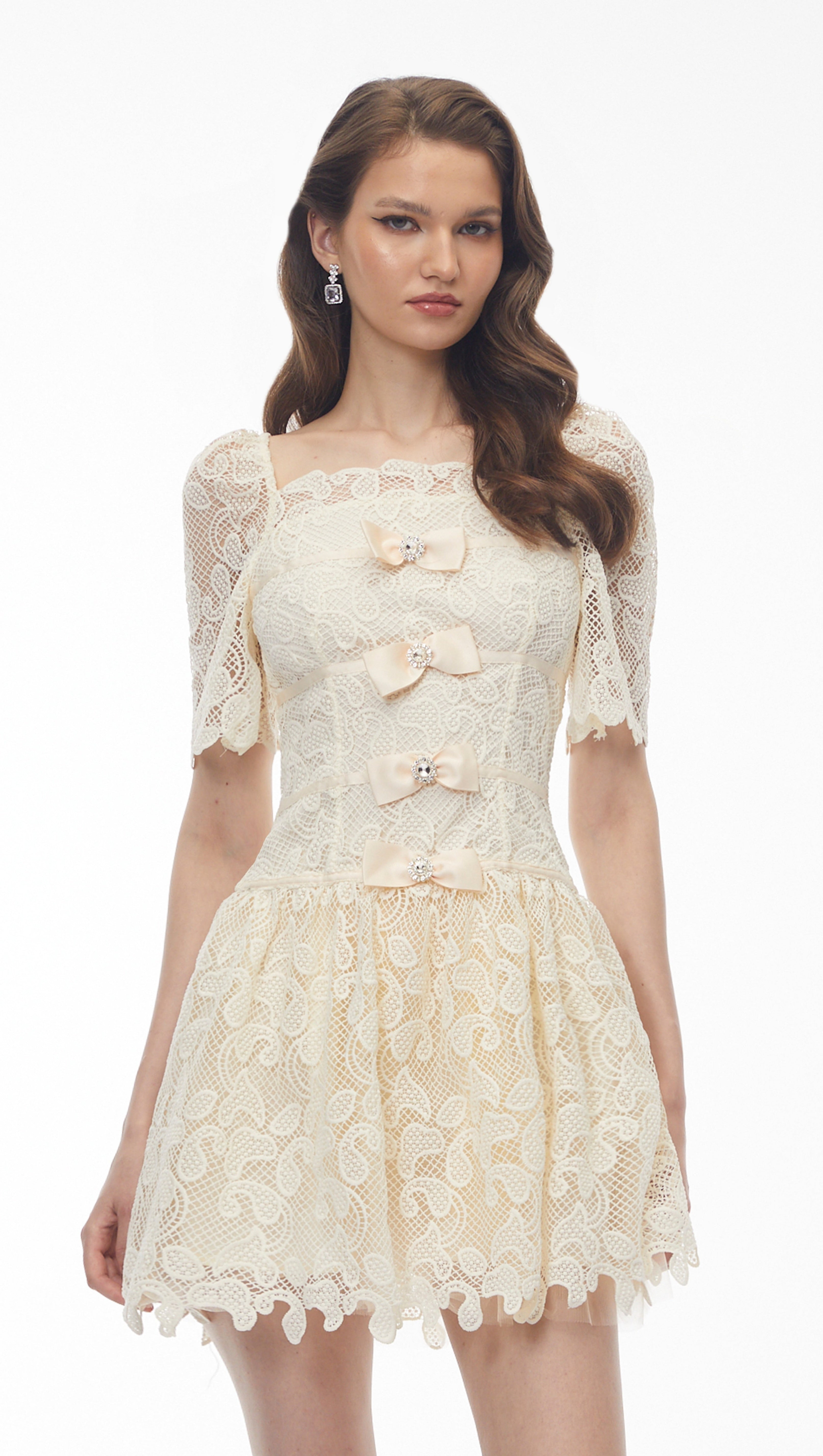 vivien square neck bow Lace Mini Dress - White