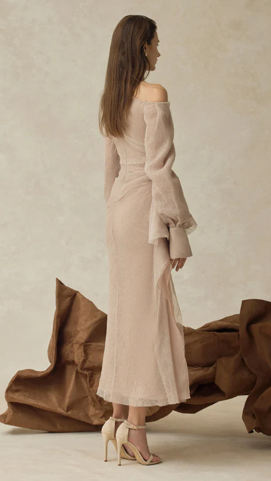 BRIANNA ASYMMETRIC LONG SLEEVE PLEATED MAXI DRESS IN BEIGE