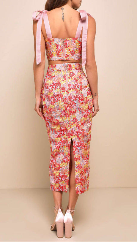 PINK MULTI METALLIC TIE-STRAP TWO-PIECE MIDI DRESS