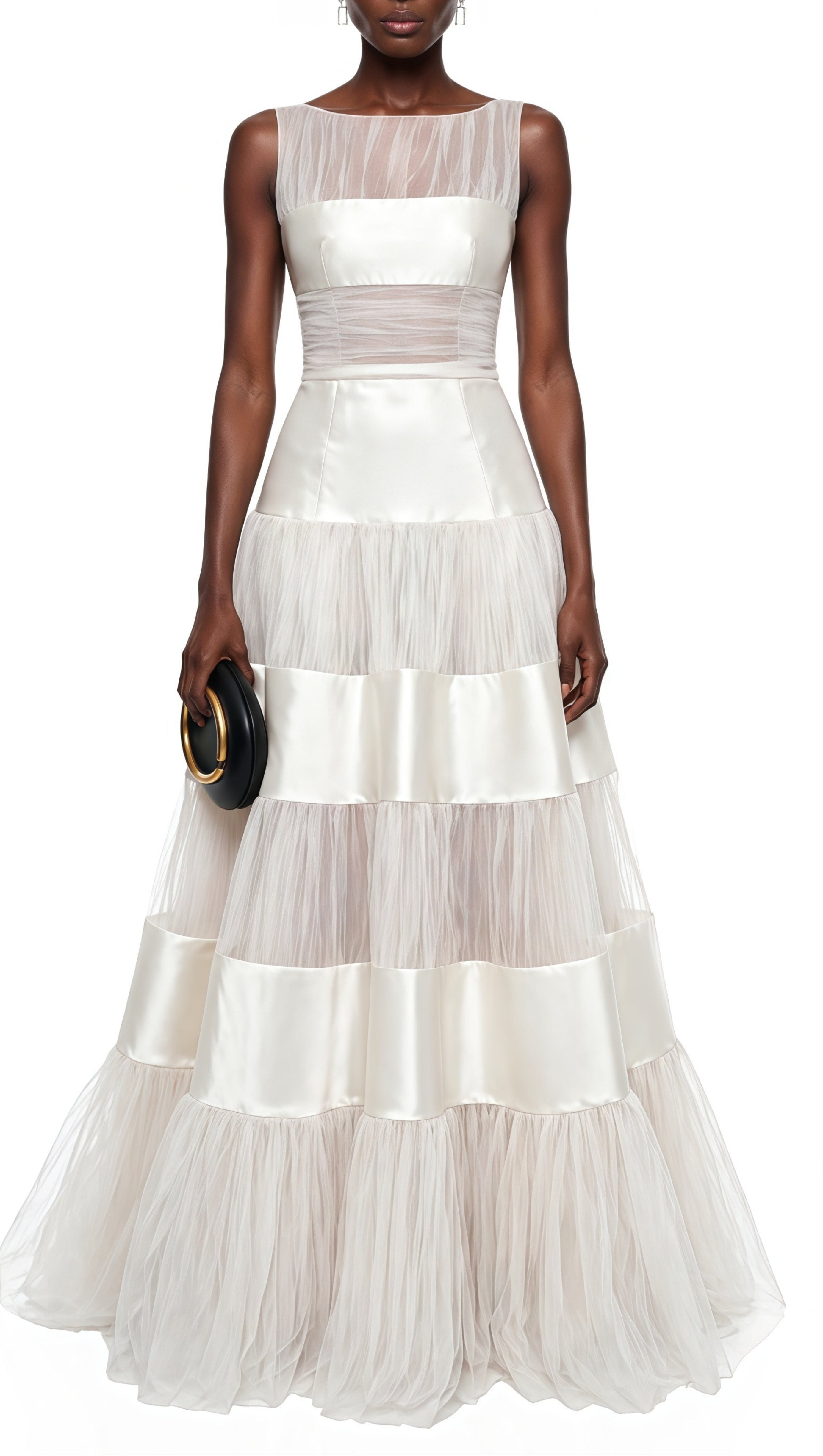 sabrina White Mesh Panel Maxi Dress with Satin Stripes
