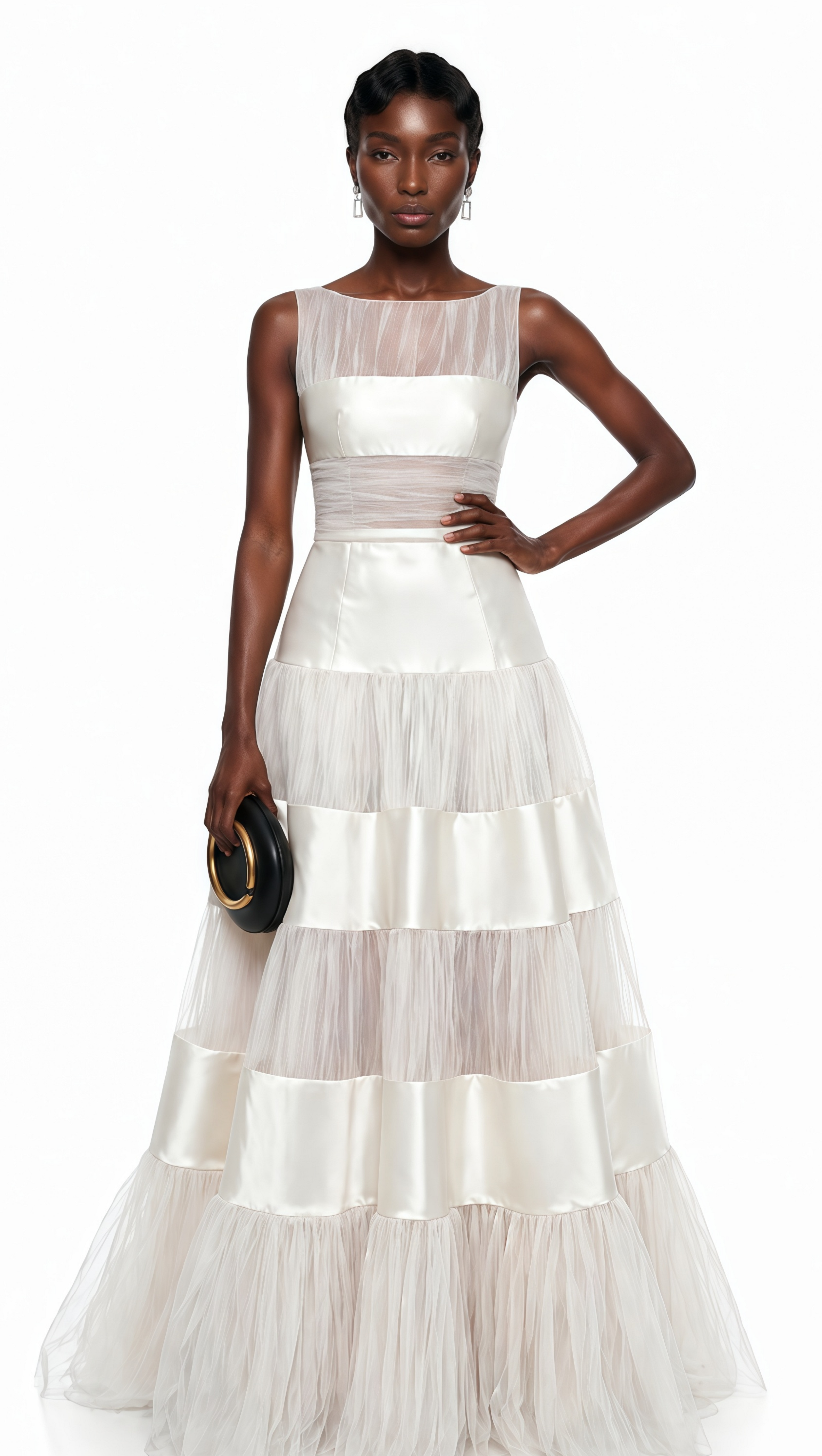 sabrina White Mesh Panel Maxi Dress with Satin Stripes