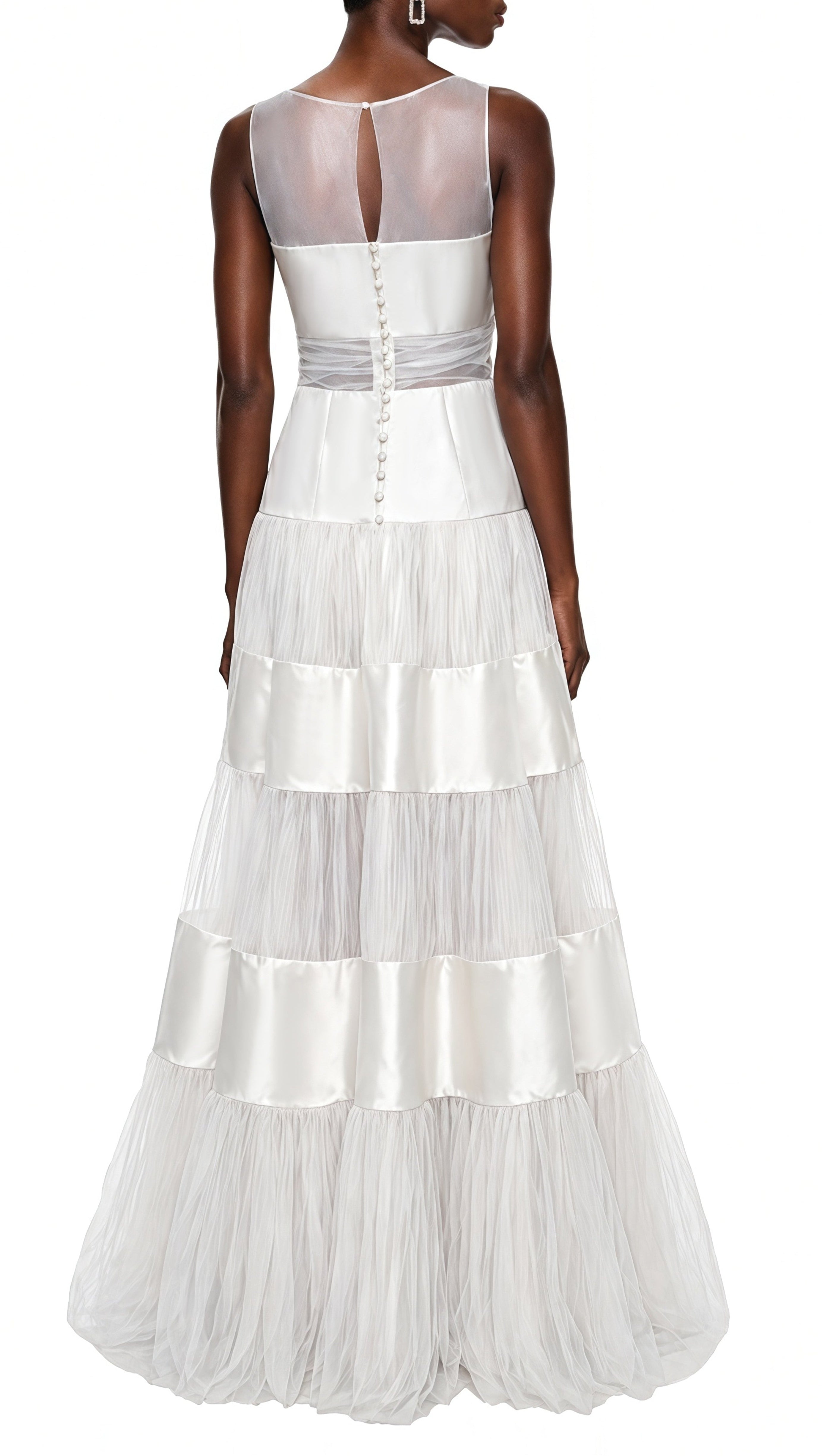 sabrina White Mesh Panel Maxi Dress with Satin Stripes