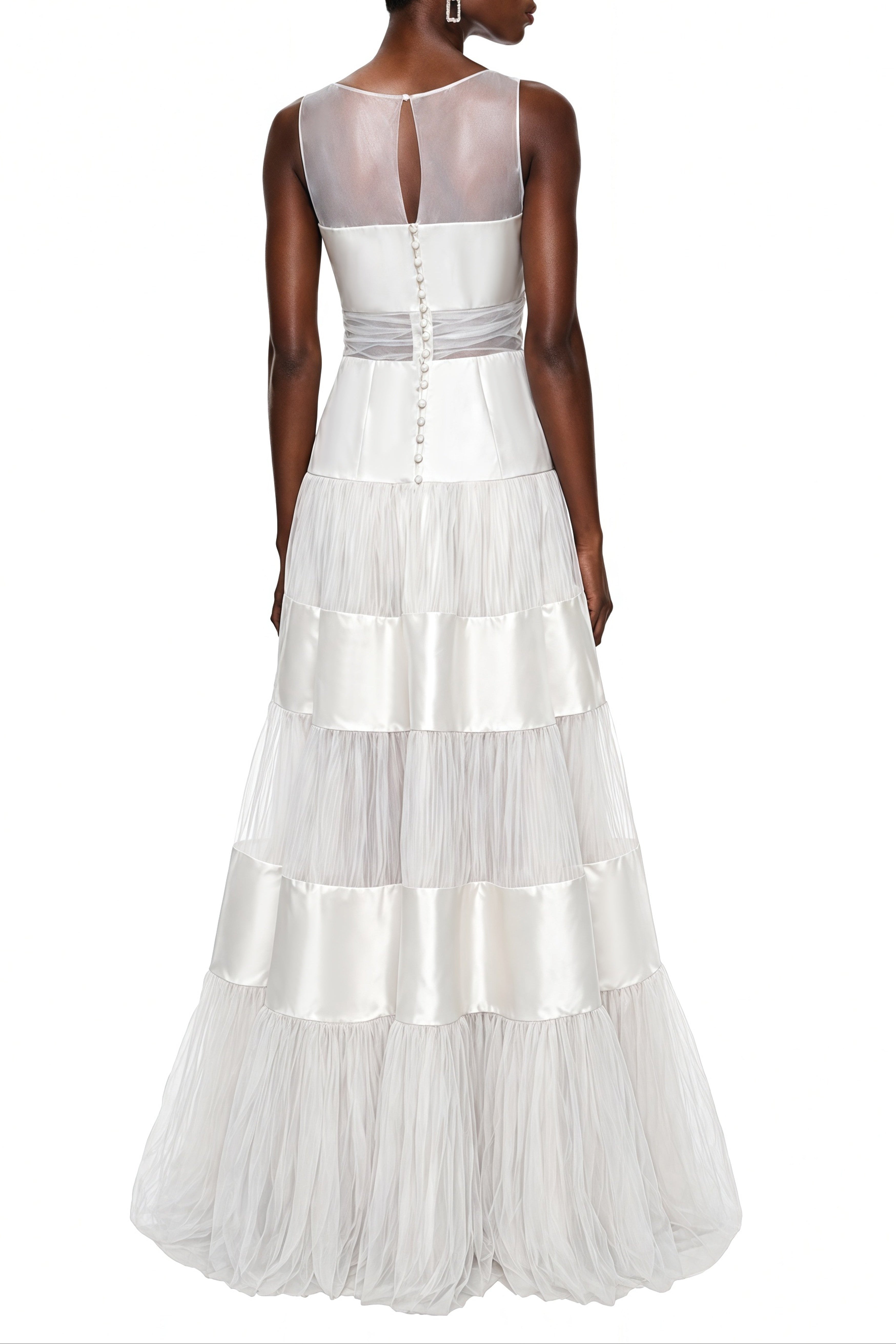 sabrina White Mesh Panel Maxi Dress with Satin Stripes