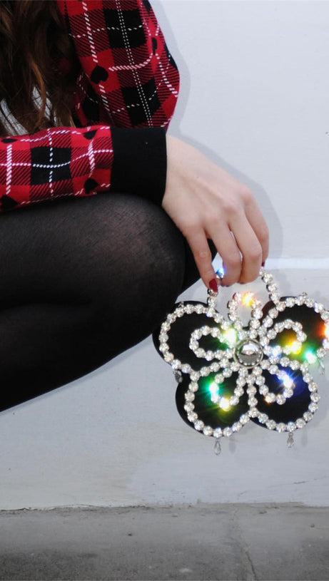 ELYSA FLOWER DIAMANTE SATIN CLUTCH - BLACK