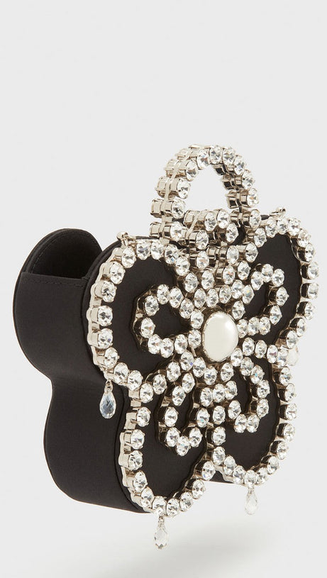 ELYSA FLOWER DIAMANTE SATIN CLUTCH - BLACK