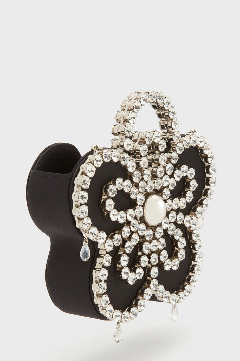 POCHETTE ELYSA FLOWER DIAMANTE IN RASO - NERO