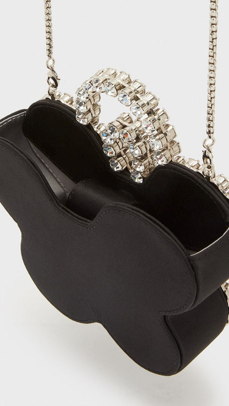 ELYSA FLOWER DIAMANTE SATIN CLUTCH - BLACK