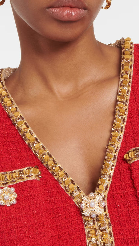 CARDIGAN ROSSO IN MAGLIA CON SCOLLO A V 