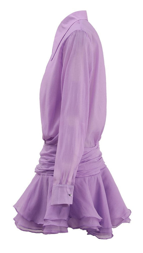 EMBER RUCHED RUFFLE MINI DRESS IN PURPLE
