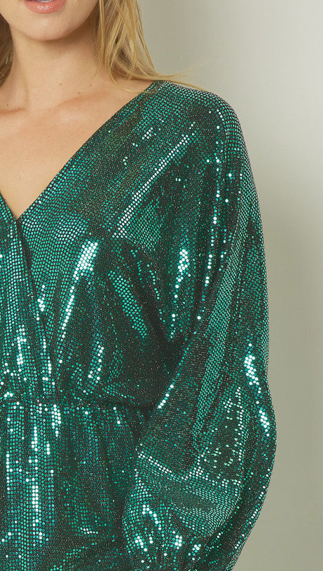 SHINY GREEN METALLIC LONG SLEEVE MINI DRESS