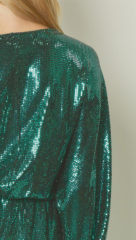 SHINY GREEN METALLIC LONG SLEEVE MINI DRESS
