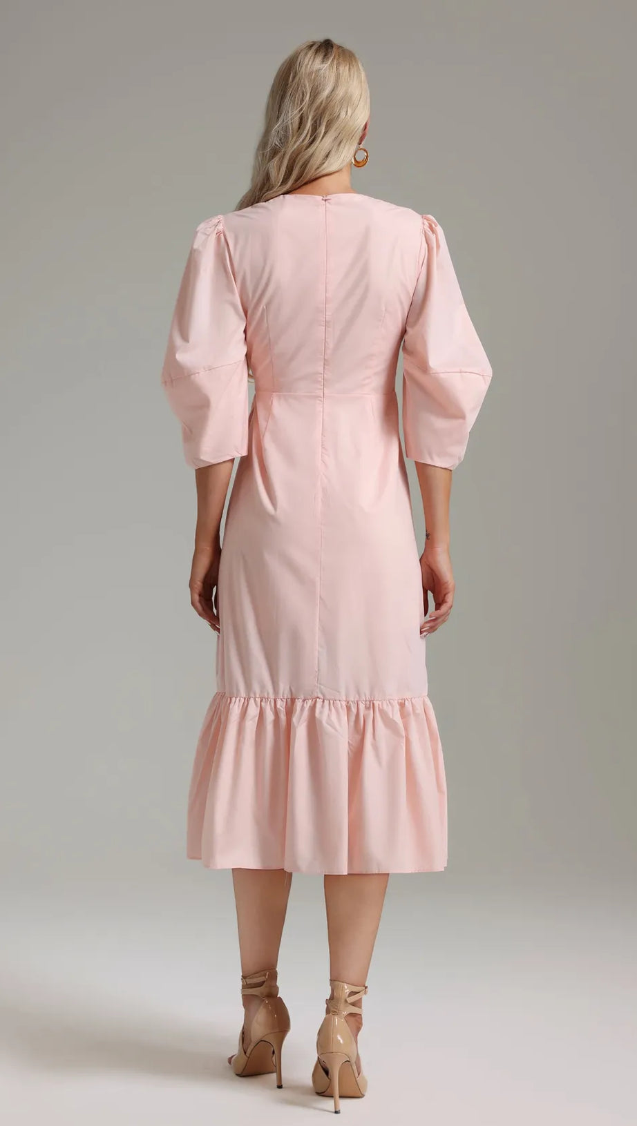 ANTONIA PINK PUFF SLEEVE RUFFLE MIDI DRESS
