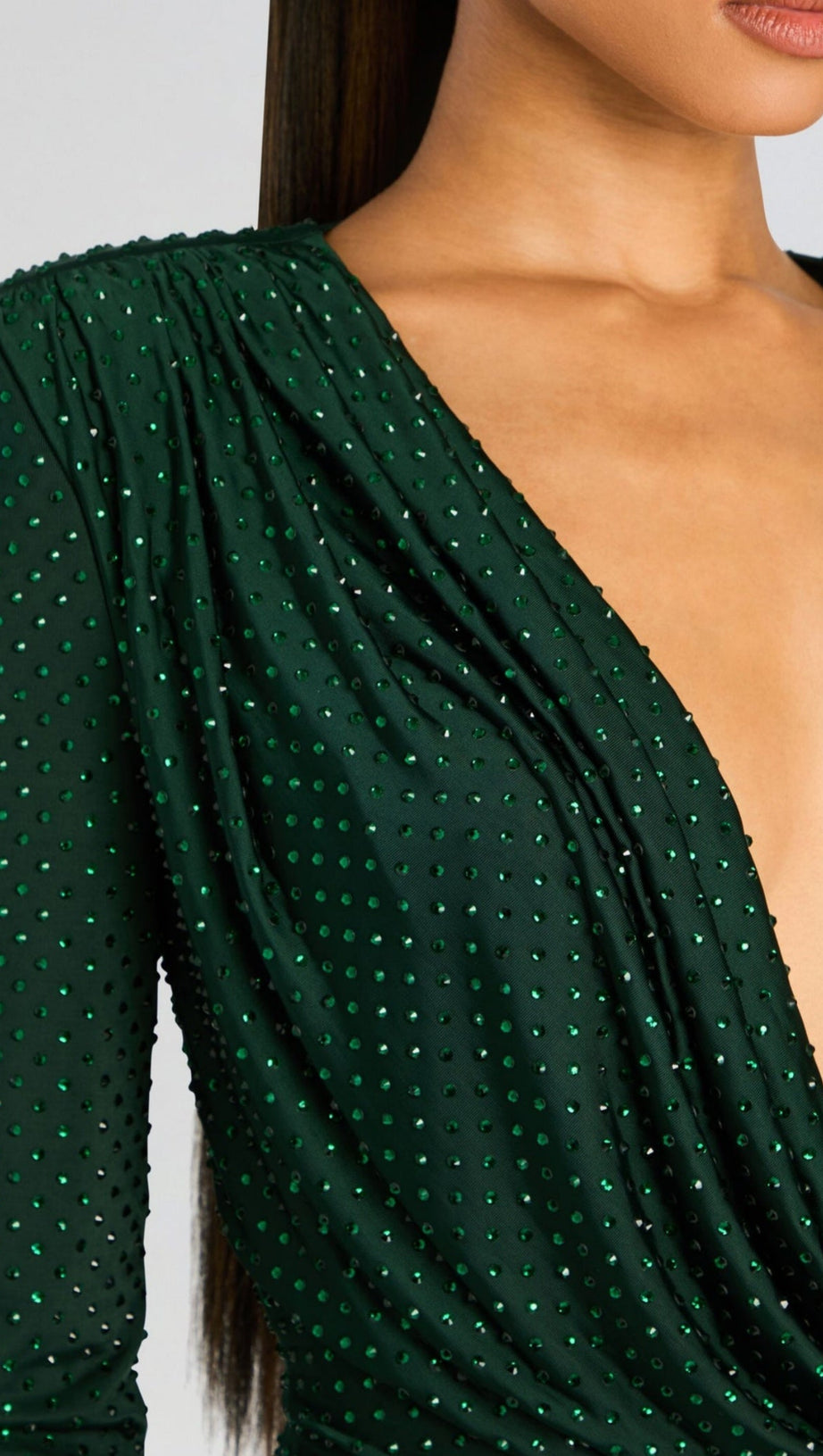 ERIX CRYSTAL EMBELLISHED DRAPED MINI DRESS IN GREEN