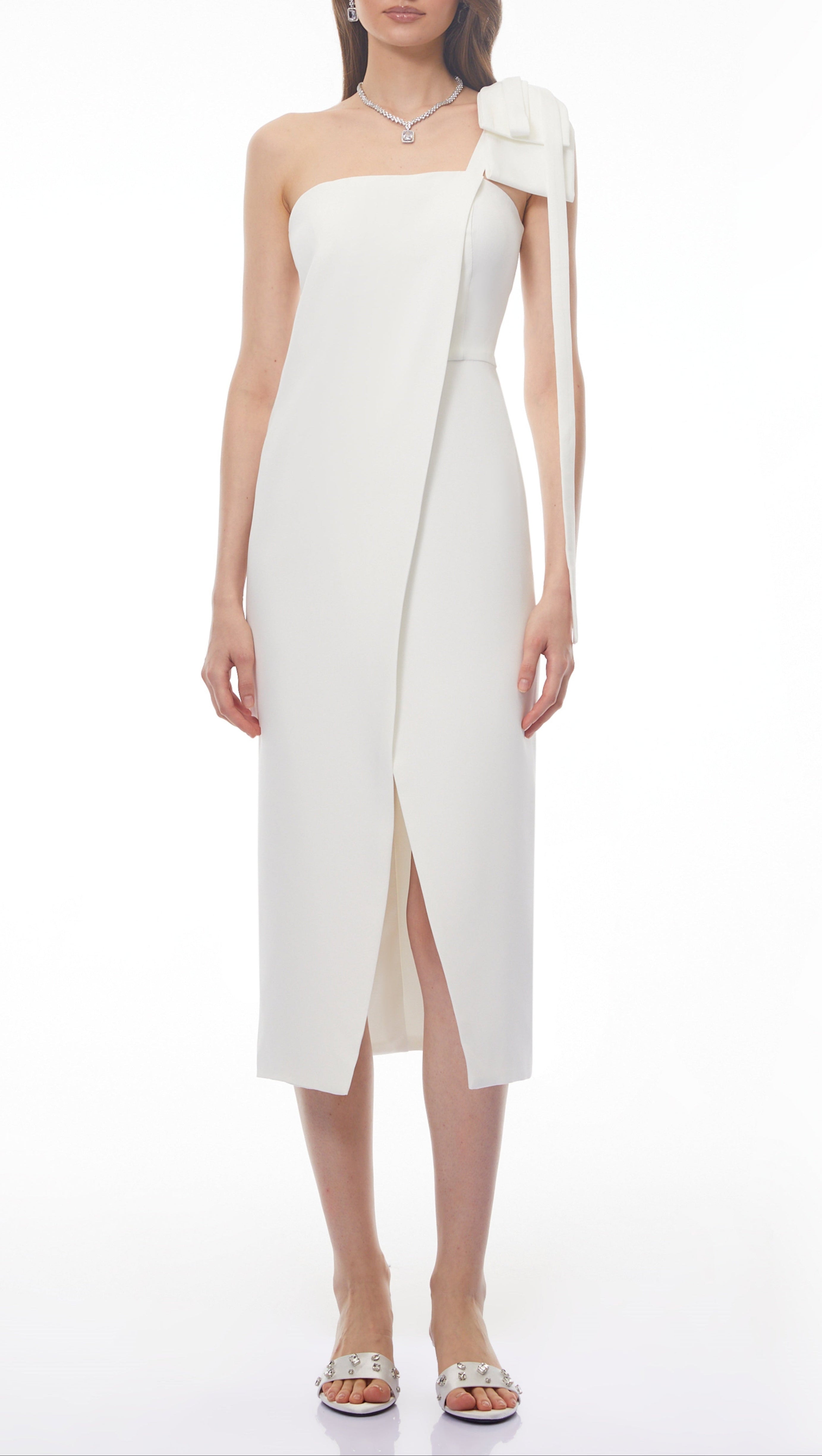 Estelle White Off Shoulder Satin Midi Dress with Bow