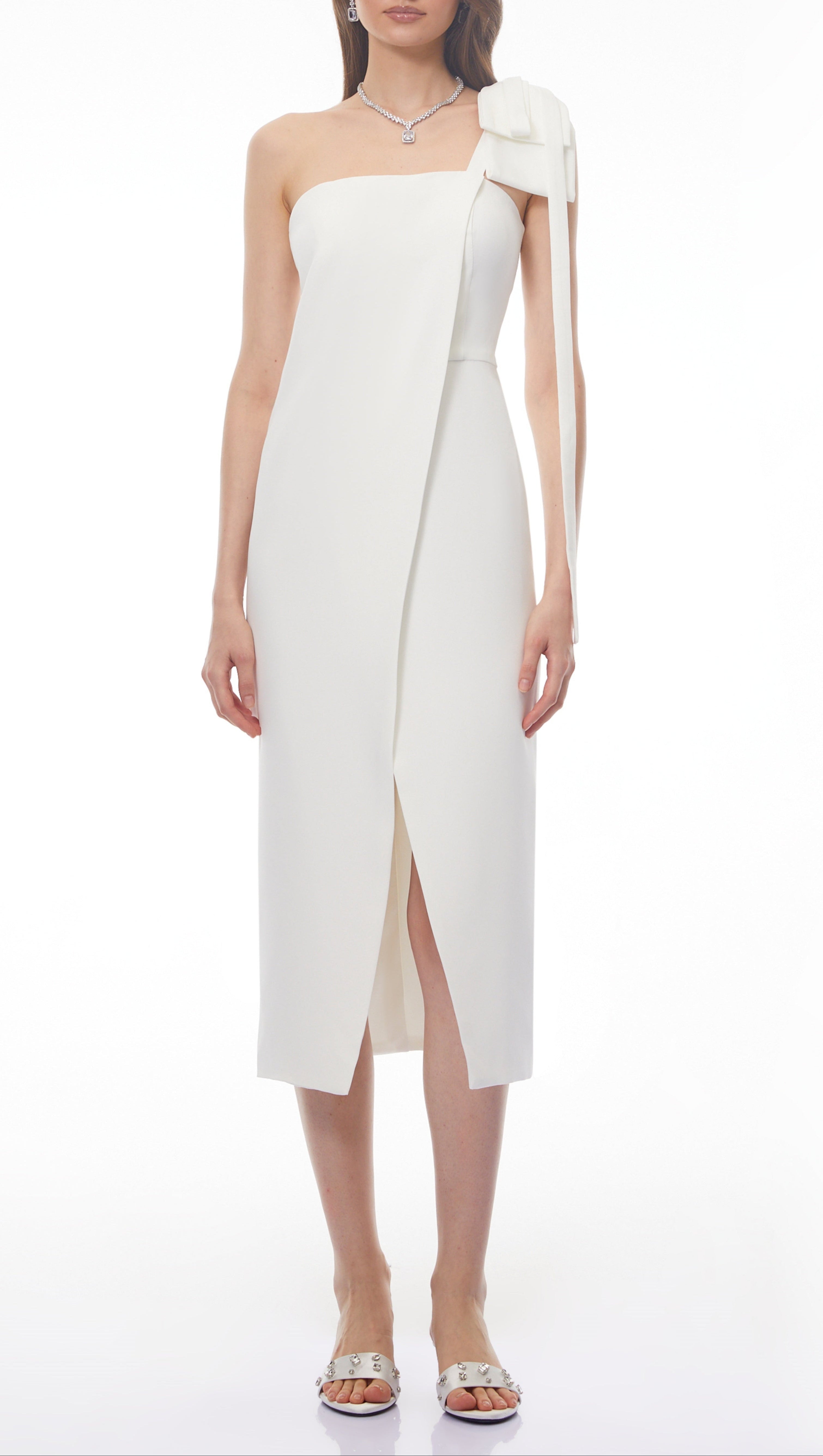 Estelle White Off Shoulder Satin Midi Dress with Bow