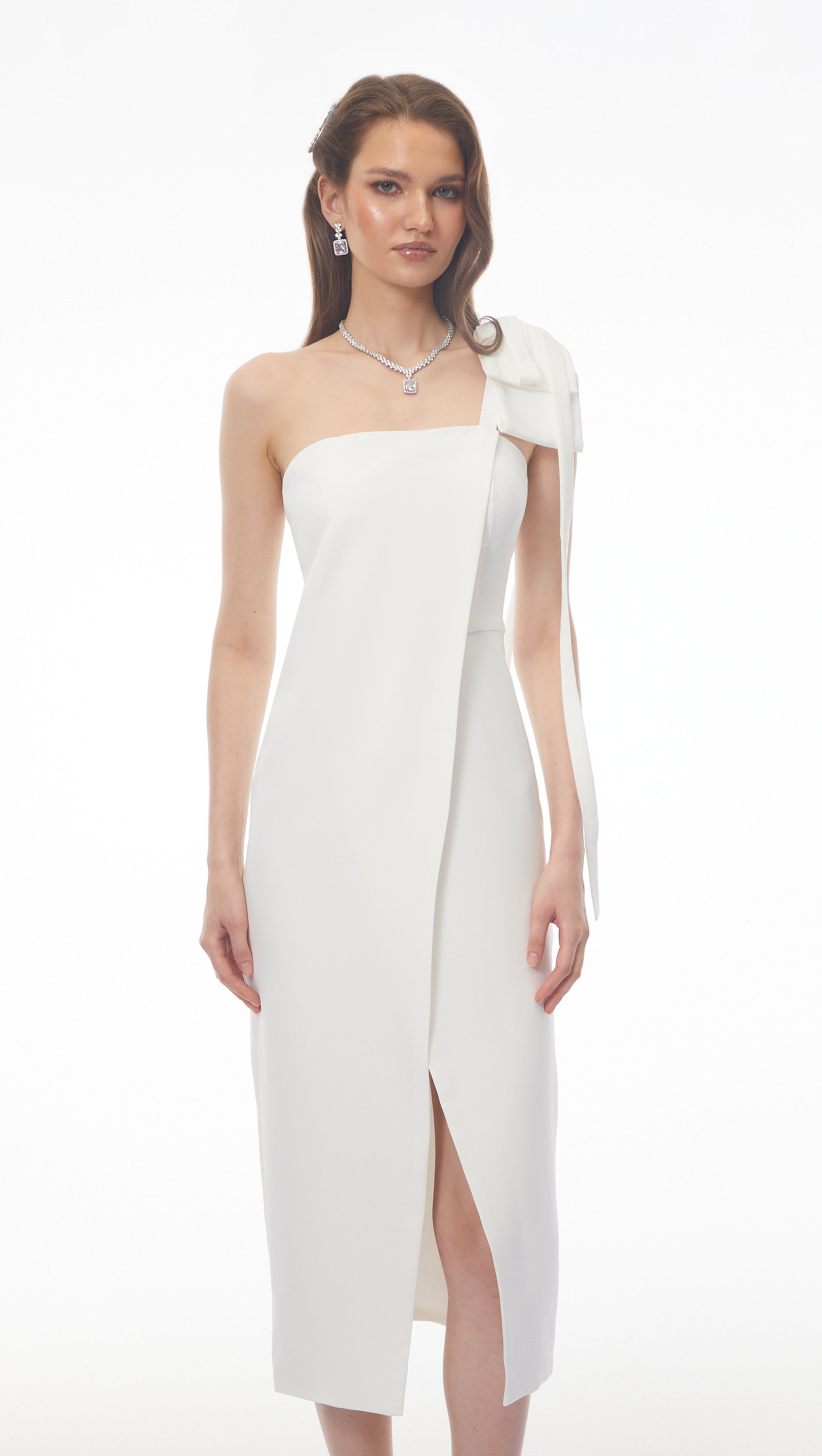 Estelle White Off Shoulder Satin Midi Dress with Bow