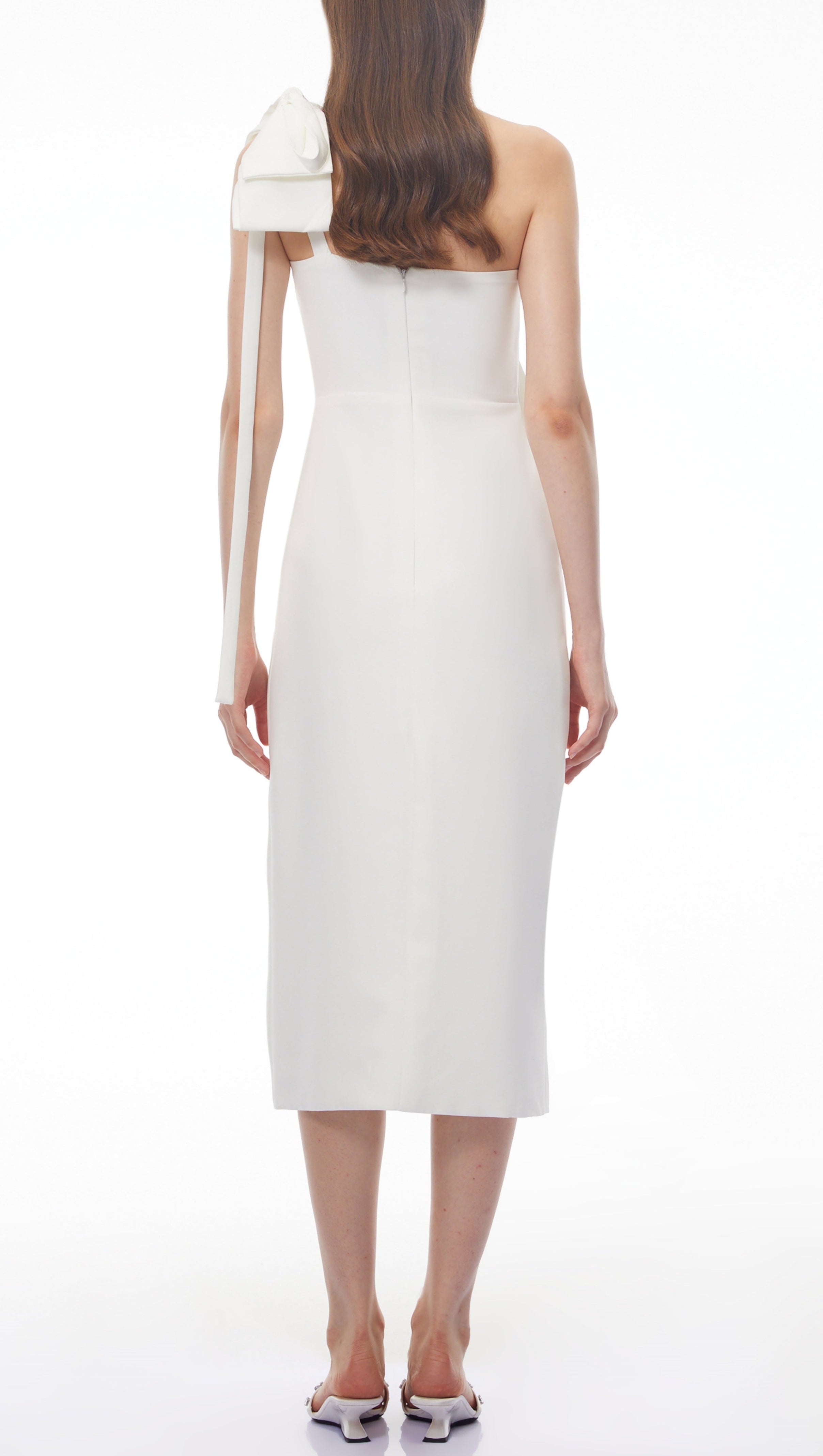 Estelle White Off Shoulder Satin Midi Dress with Bow